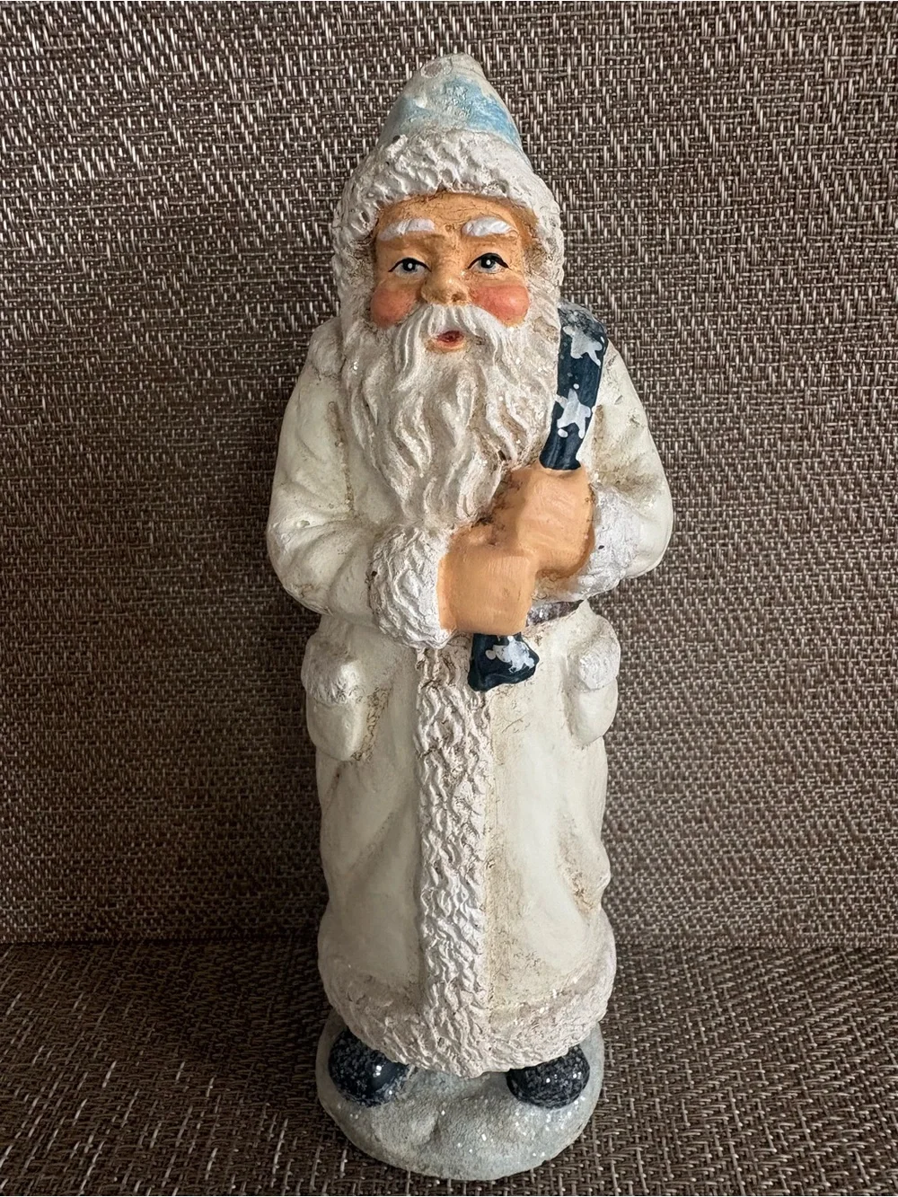 RAZ Imports White Father Christmas Santa Claus Figurine Blue Sack  Folk Art 7.5”